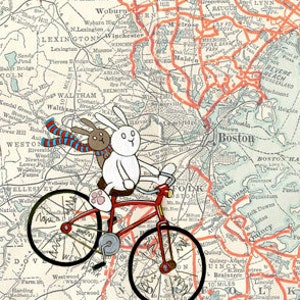Boston Map Bicycle Bunnies Art Print 11" x 14"