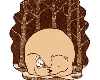 Sleepy Bear and Bunny Forest Art Print