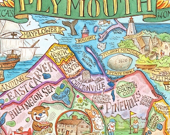 Mapa Plymouth, Massachusetts, wydruk artystyczny 11"x 14"