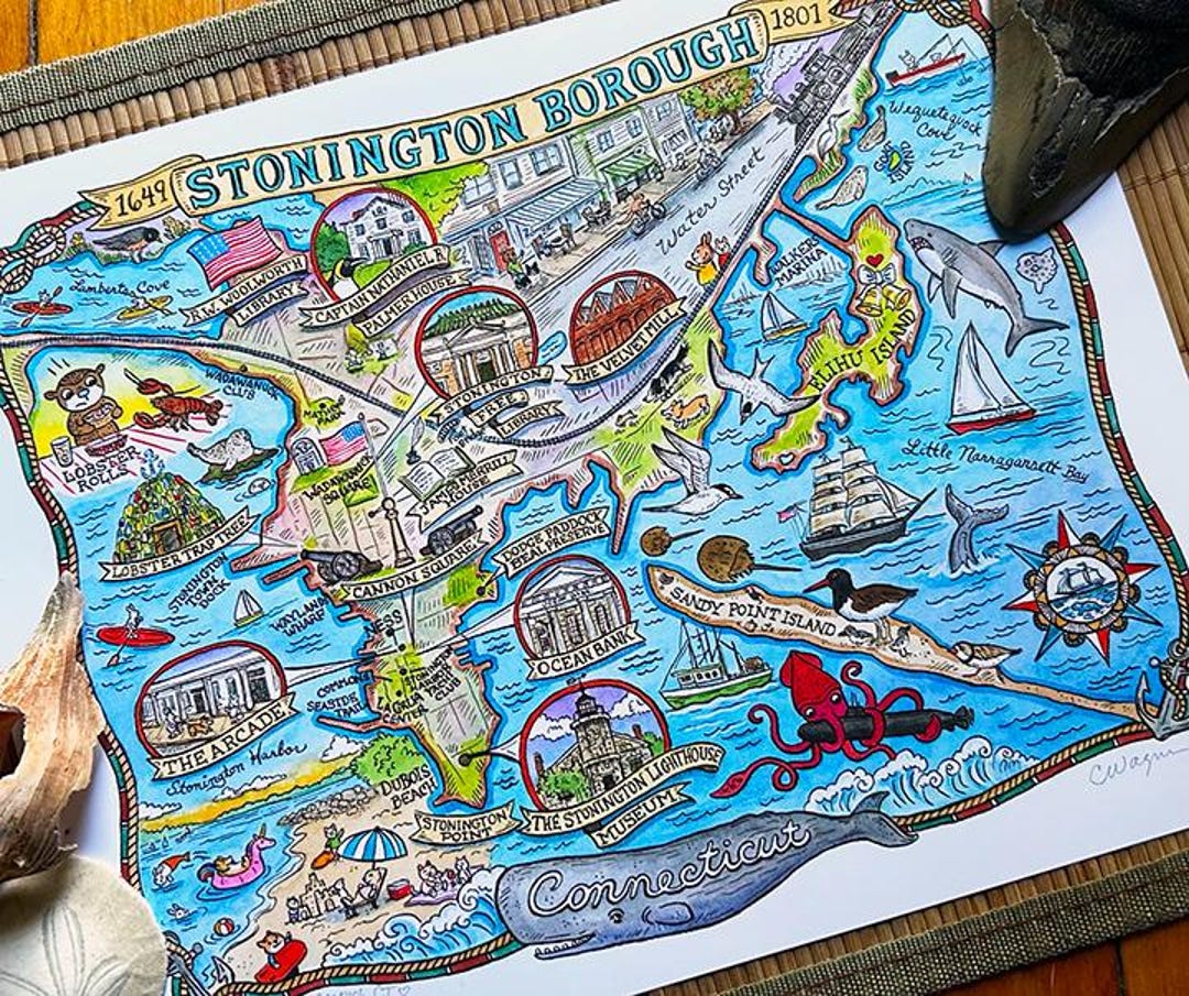 Stonington Borough Connecticut Art Map Print 16"x20" Etsy