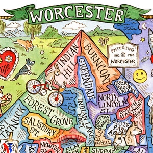 Worcester Massachusetts buurt kaart kunstafdruk 8 x 10 inch