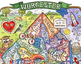 Worcester Massachusetts Neighborhood Map Art Print 8&quot; x 10&quot;