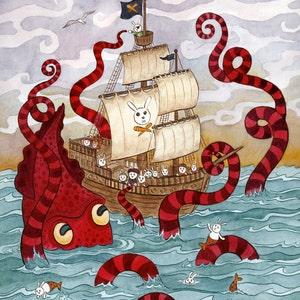 Giant Squid Kraken Pirate Ship Art Print 11 x 14 afbeelding 1