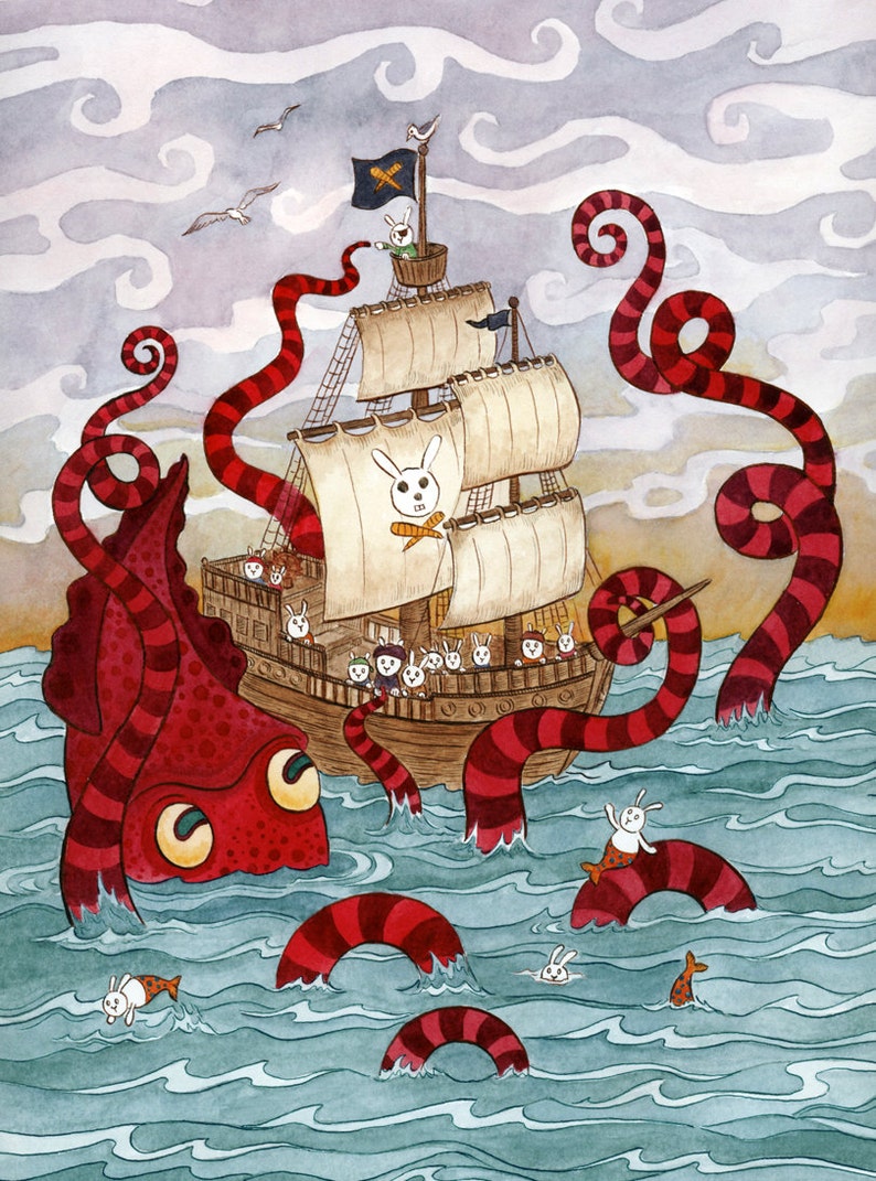 Giant Squid Kraken Pirate Ship Art Print 11 x 14 afbeelding 1