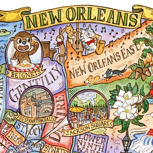 Impression d'art de carte de la Nouvelle-Orléans en Louisiane 20 x 10 cm