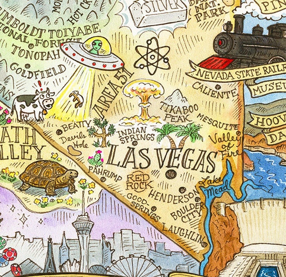 Las Vegas Illustrated Map Design Canvas Pillow Cover