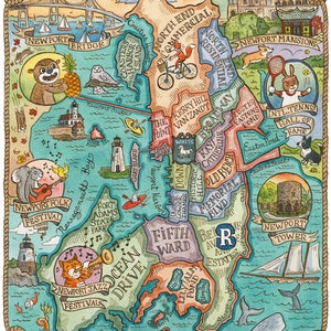 May include: A colorful illustrated map of Newport, Rhode Island, with various landmarks and points of interest highlighted. The map features a whimsical style with cartoon animals and text labels.