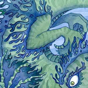Green Sea Dragon and Merbunny 11 x 14 Art Print image 3