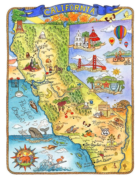 カリフォルニア地図アートプリント 8インチ x 10インチ - Etsy 日本