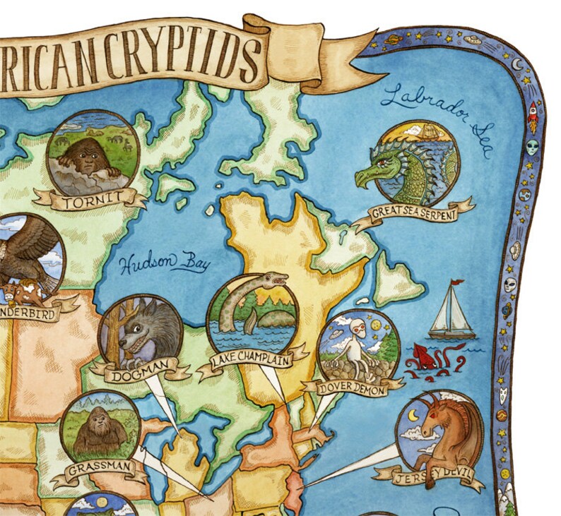 North America Cryptids Map Art Print 8 X10 - 