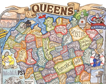 Impresión artística del mapa de Queens, Nueva York, 20 x 25 cm