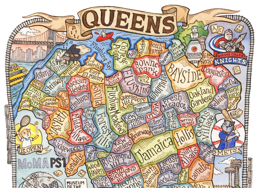 Queens New York Map Art Print 8 X 10 Etsy