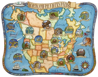 Cryptids of North America Map Art Print 16&quot; x20&quot;