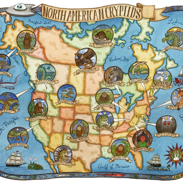 Cryptids of North America Map Art Print 16" x20"