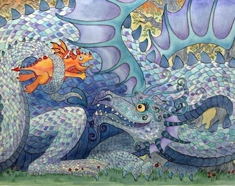 Blue Dragon & Baby Art Print Wheee 11"x14"