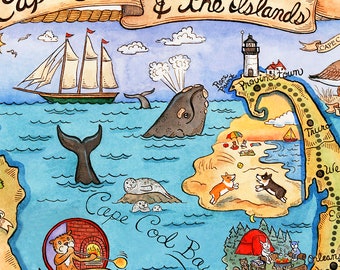 May include: A watercolor illustration of Cape Cod and the islands, featuring a sailboat, a whale, seals, a lighthouse, a beach scene with dogs, and a campsite. The illustration is in a whimsical style with a blue and green color palette.