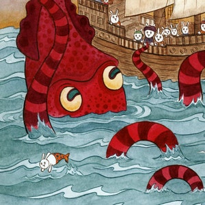 Giant Squid Kraken Pirate Ship Art Print 11 x 14 afbeelding 3