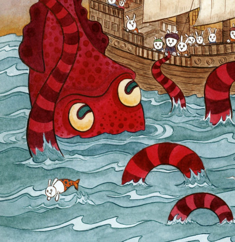 Giant Squid Kraken Pirate Ship Art Print 11 x 14 afbeelding 3