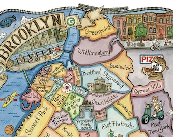 Stampa artistica della mappa di Brooklyn, New York, 8&quot; x 10&quot;