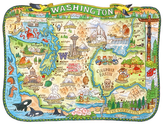 Map Of Wa State Washington State Map 8X10 Art Print | Etsy Australia
