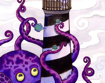 Tea Time Lighthouse Octopus Bunny Ocean Art 11"x 14"