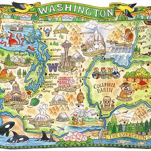 Impresión artística del mapa del estado de Washington de 8" x 10"