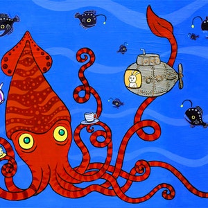 Giant Squid Bunny u-Boot Art Print Tiefsee Tee 8 &quot;x 10&quot;