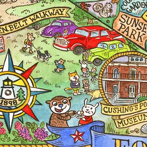 May include: A colorful illustrated map of a town with a compass, a lighthouse, a greenbelt walkway, a red truck, a green car, a house, a museum, and a park. The map is surrounded by flowers and trees.