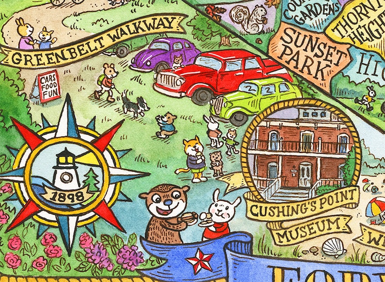 May include: A colorful illustrated map of a town with a compass, a lighthouse, a greenbelt walkway, a red truck, a green car, a house, a museum, and a park. The map is surrounded by flowers and trees.