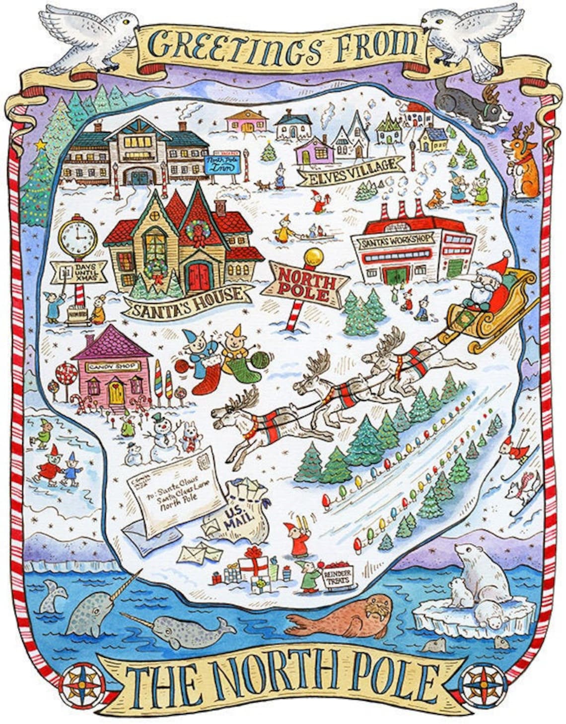 Christmas North Pole Map Art Print 11 X 14 Etsy