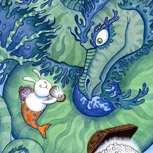Green Sea Dragon and Merbunny 11 x 14 Art Print image 2