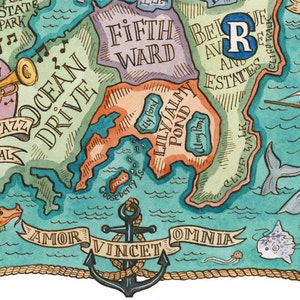May include: A hand-drawn map with a nautical theme. The map features a body of water with a small island in the center. The island is labeled "Lily Almy Pond" and has a smaller pond inside labeled "Clmy Pond". The map also features a large anchor with the words "Amor Vincet Omnia" written on a banner.