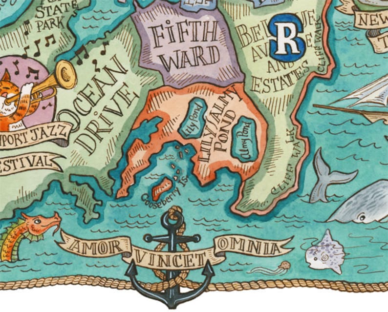 May include: A hand-drawn map with a nautical theme. The map features a body of water with a small island in the center. The island is labeled "Lily Almy Pond" and has a smaller pond inside labeled "Clmy Pond". The map also features a large anchor with the words "Amor Vincet Omnia" written on a banner.