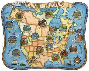 North America Cryptids Map Art Print 8" x10"