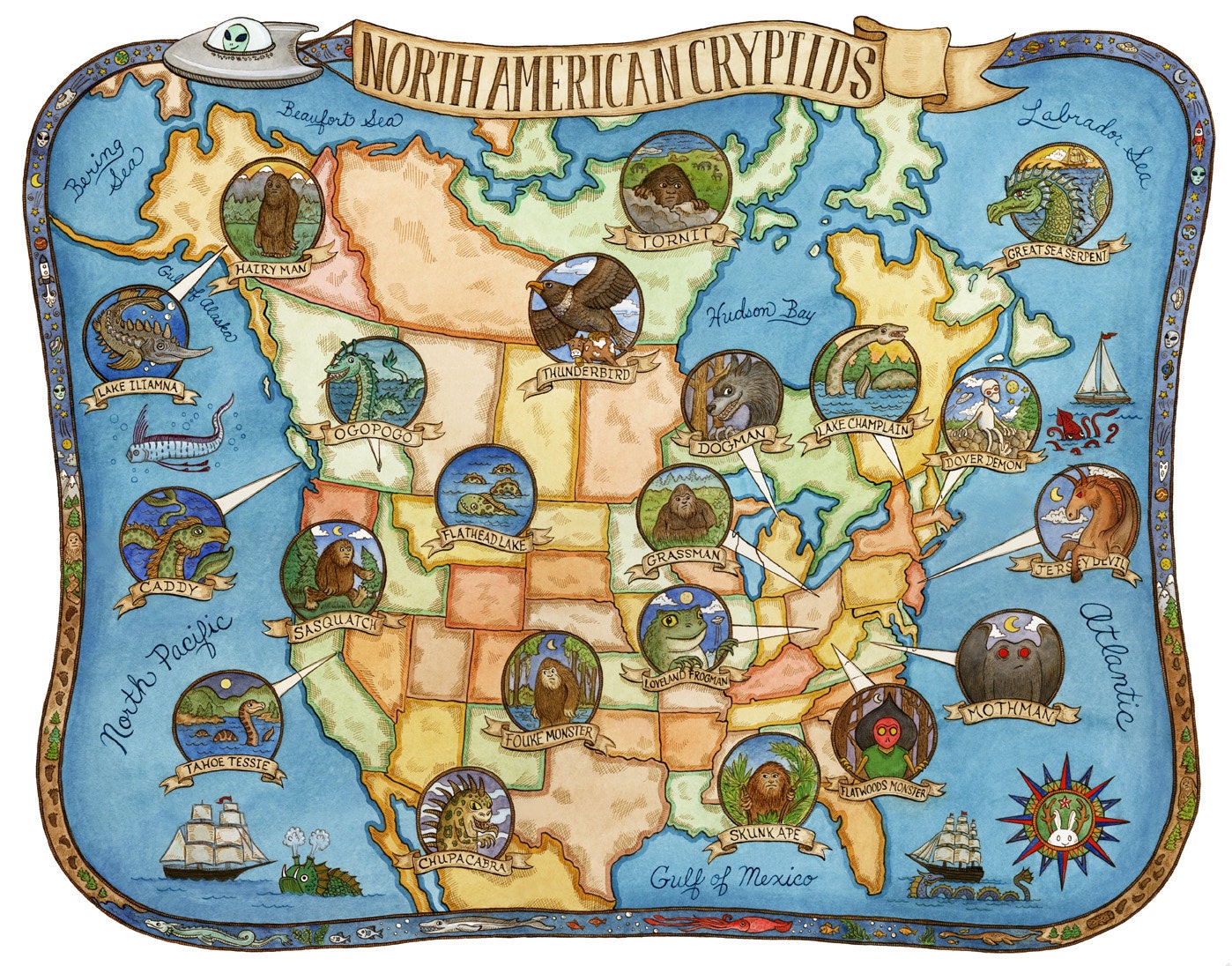 North America Cryptids Map Art Print 8" x10"