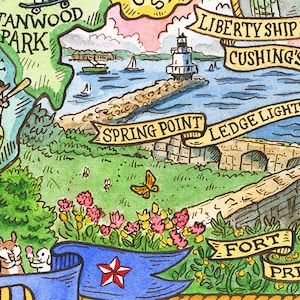 May include: A hand-drawn illustration of a map of a coastal town with a lighthouse, a stone wall, and a banner that reads "Spring Point". The illustration is in a watercolor style with a bright blue ocean, green grass, and pink flowers.