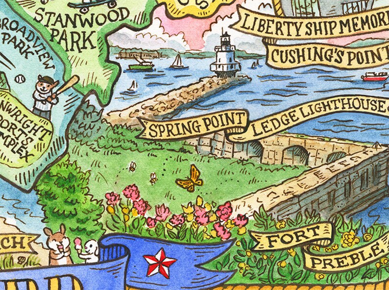 May include: A hand-drawn illustration of a map of a coastal town with a lighthouse, a stone wall, and a banner that reads "Spring Point". The illustration is in a watercolor style with a bright blue ocean, green grass, and pink flowers.