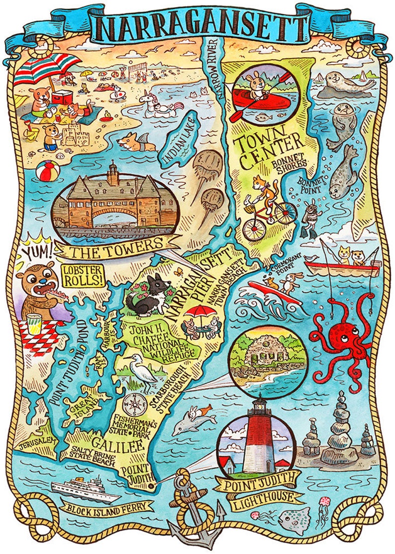 Narragansett Rhode Island Map Art Print 16x 20 Etsy