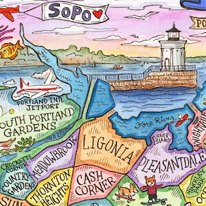 May include: A colorful hand-drawn map of Portland, Maine, with various neighborhoods and landmarks labeled. The map features a lighthouse, a river, and a plane flying overhead. The words "SoPo" and "South Portland Gardens" are visible on the map.