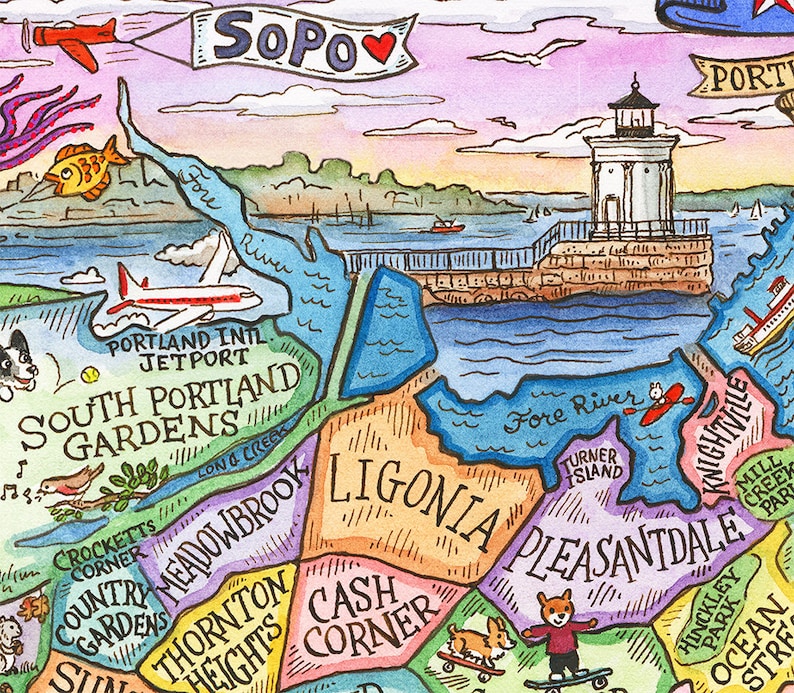 May include: A colorful hand-drawn map of Portland, Maine, with various neighborhoods and landmarks labeled. The map features a lighthouse, a river, and a plane flying overhead. The words "SoPo" and "South Portland Gardens" are visible on the map.