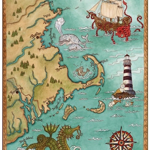 Carte côtière de la Nouvelle-Angleterre Cape Cod Sea Monster Art Print 16" x 20"