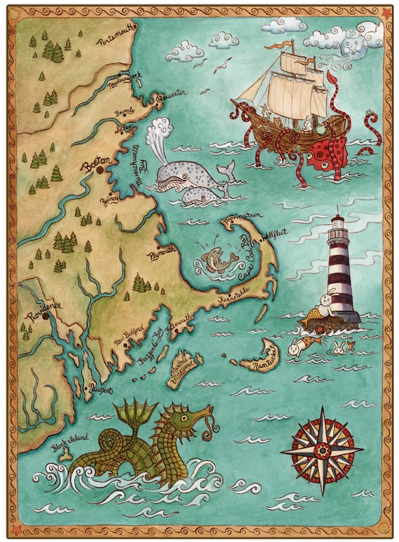 New England Coastal Map Cape Cod Sea Monster Art Print Etsy