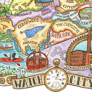 May include: A colorful illustrated map of a city with the words "Watch City" in a banner at the bottom. The map features various landmarks, including a fire station, a river, and a bridge. The map is surrounded by gears and a pocket watch.