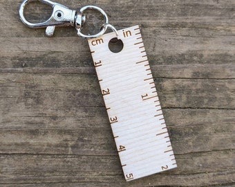 Tiny Wooden Ruler Keychain with Inches and Centimeters