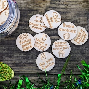 Set of 30 Countdown to Christmas Advent Activities | Christmas Bucket List | Laser Cut Wood Tokens for Fun Family Activites in December
