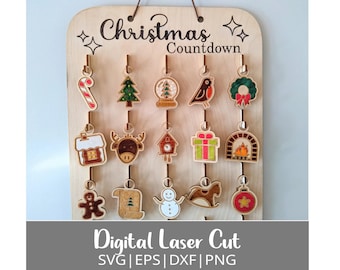 May include: A wooden Christmas countdown board with 12 hanging ornaments. The ornaments feature various Christmas themes, including a candy cane, a Christmas tree, a snowman, a reindeer, and a fireplace. The board is painted in a light wood color and has the text "Christmas Countdown" written on it.