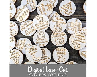 May include: A set of 20 wooden circles with various nature-themed activities engraved on them. The activities include "Have a picnic", "Walk in the woods", "Make lemonade", "Draw a treasure map", "Look at the moon", "Make slime", "Watch a meteor shower", and more.