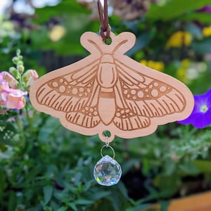 Puede incluir: Adorno de madera con forma de polilla con intrincados detalles grabados, suspendido por un cordón de cuero. Una bola de cristal transparente cuelga debajo de la polilla. El fondo presenta un follaje verde vibrante y flores coloridas.