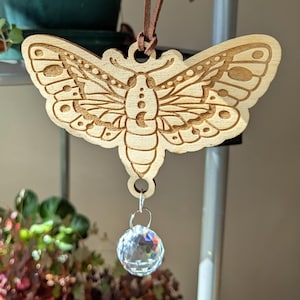 May include: A wooden moth-shaped ornament with detailed etched patterns, suspended by a brown leather cord. A clear crystal prism hangs below the moth. The ornament is light brown and is hanging in front of a blurred background of plants.
