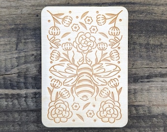 Wooden Needle Case, Laser Engraved Bee and Wildflower Magnetic Needle Minder